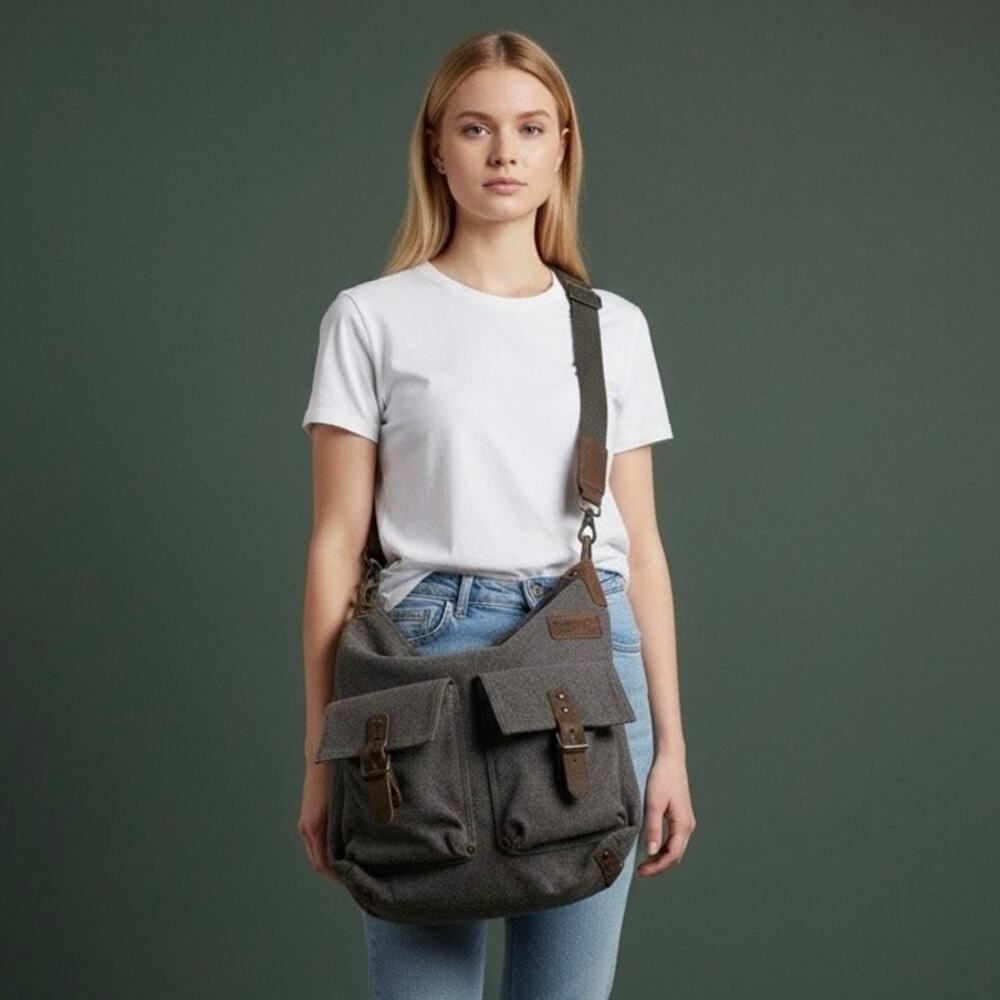 MiMo Gray Felt & Leather Messenger Shoulder Bag